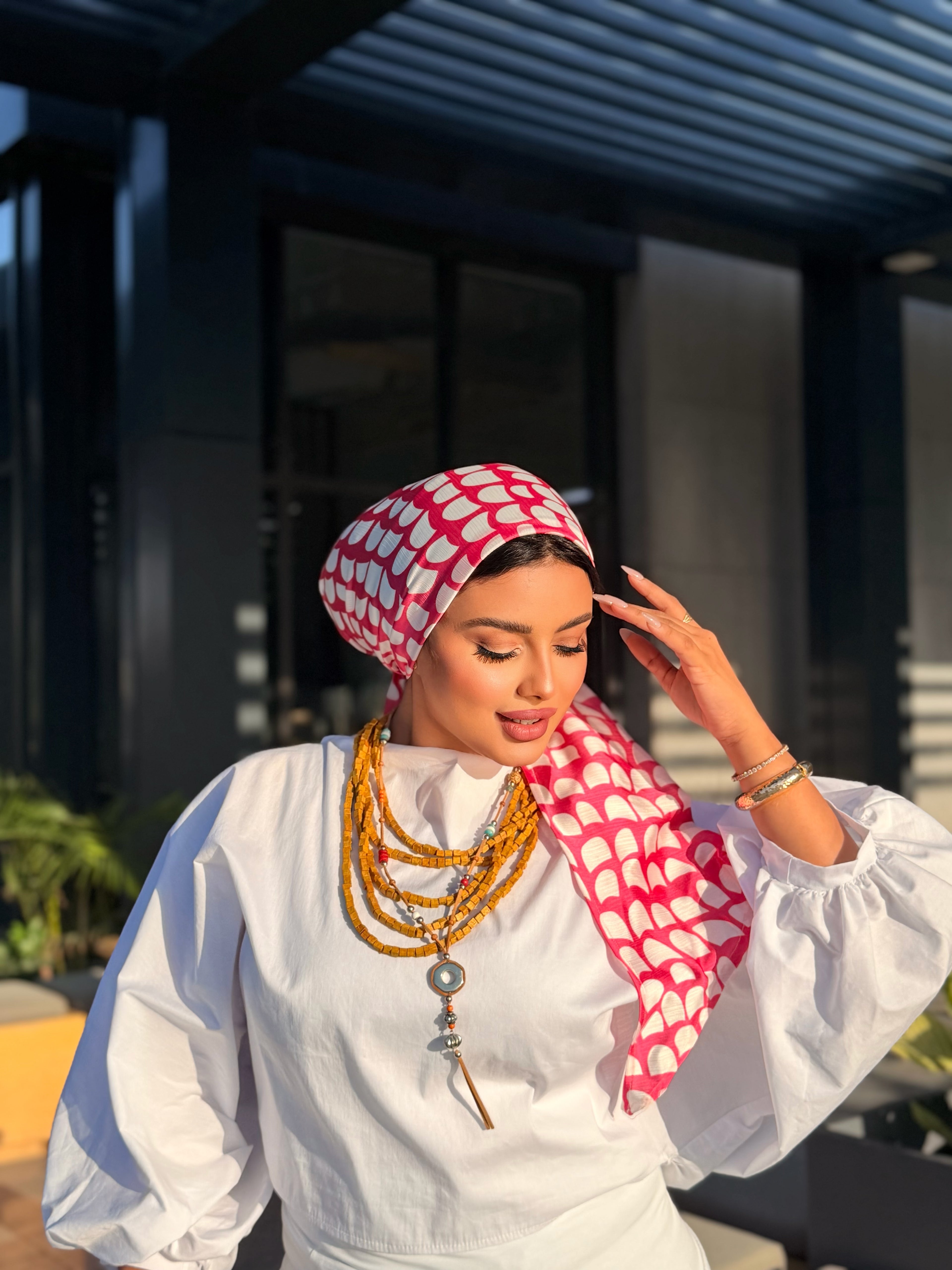 Arch Print Head Scarf – Pink & White