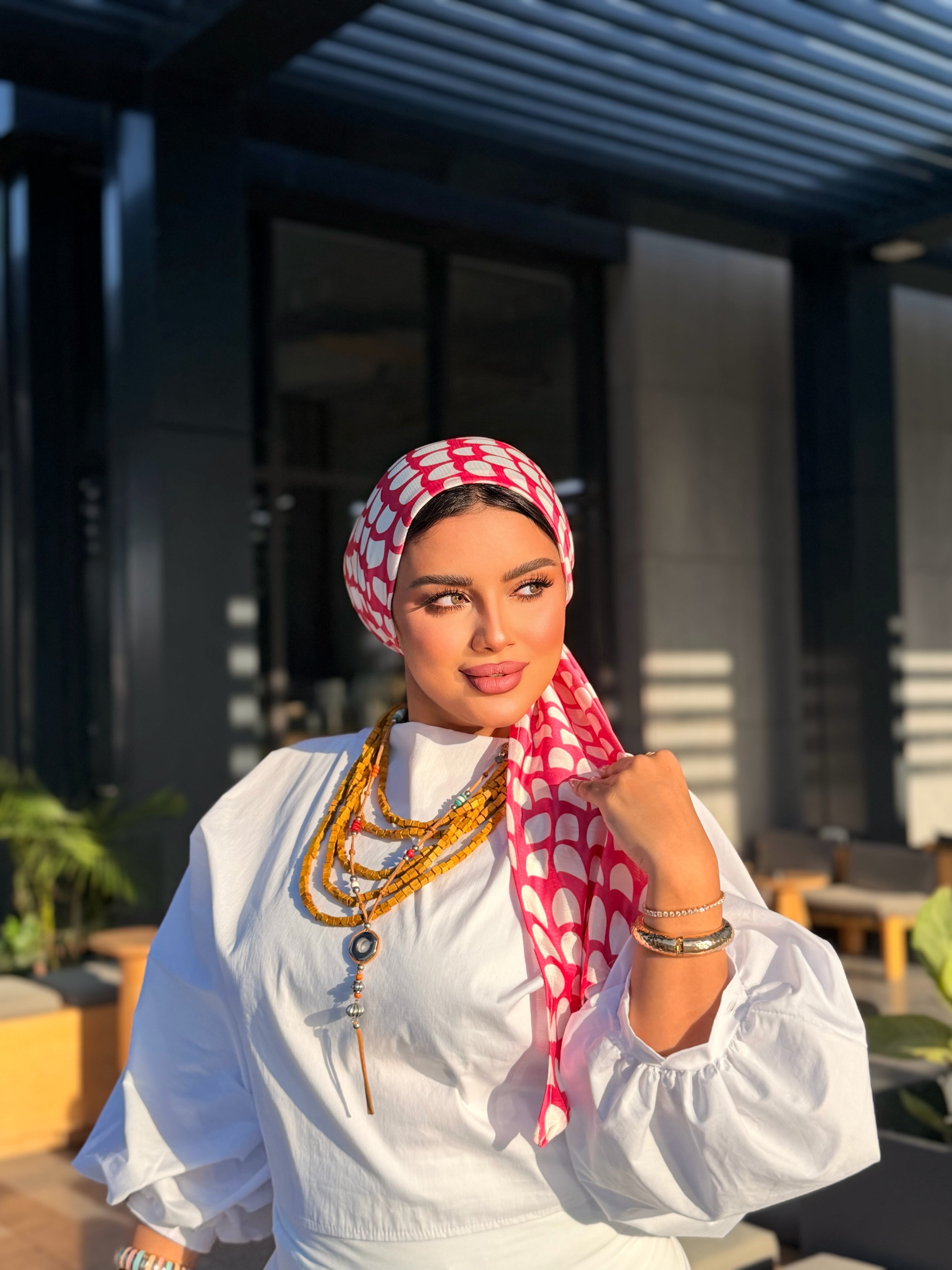 Arch Print Head Scarf – Pink & White