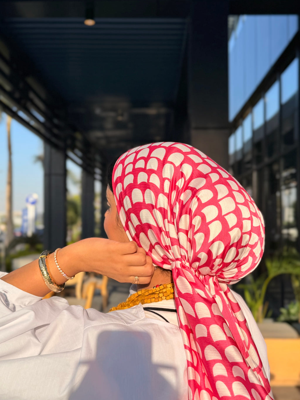 Arch Print Head Scarf – Pink & White