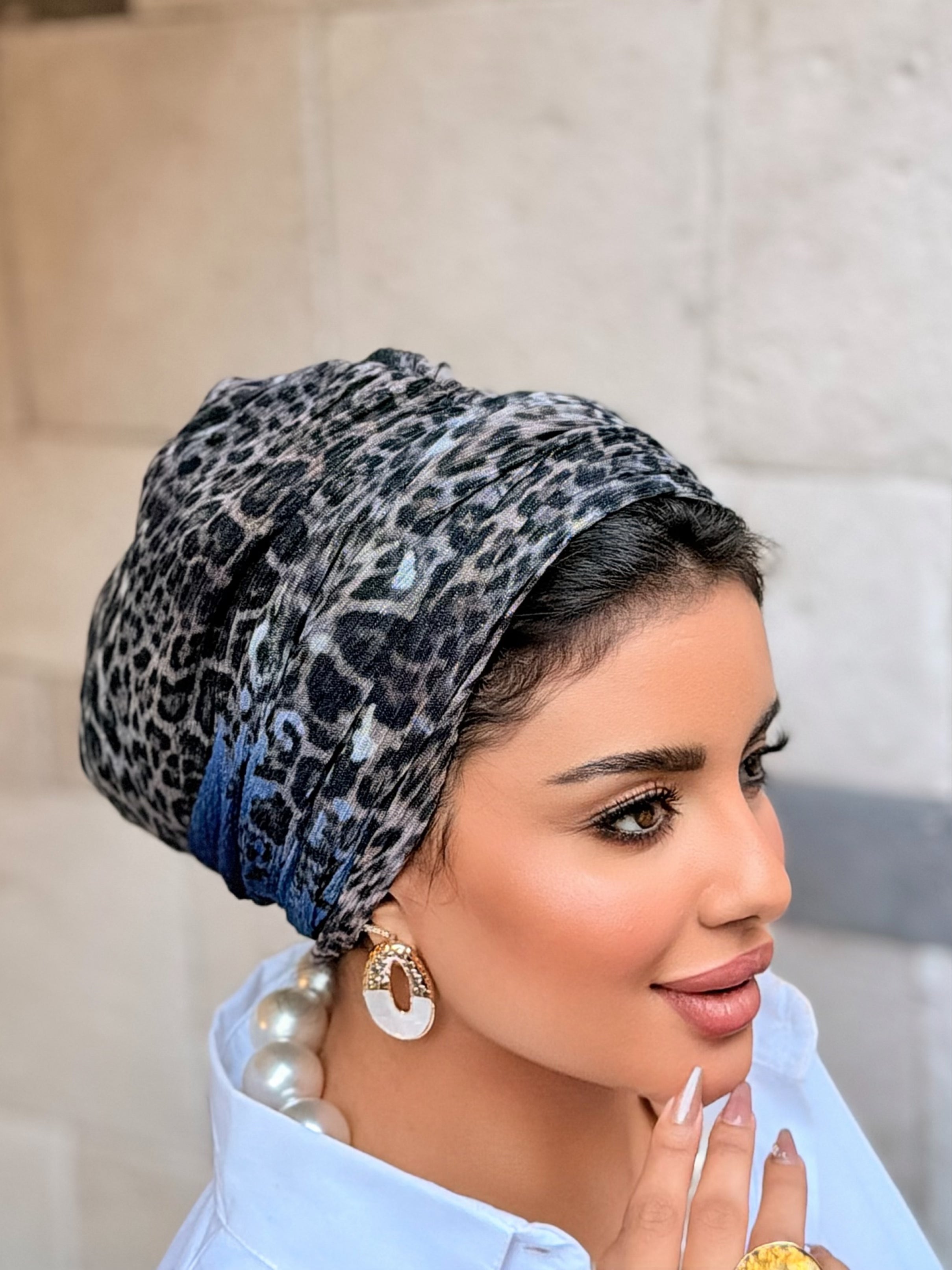 Double Layer Tal Turban — Grey Leopard