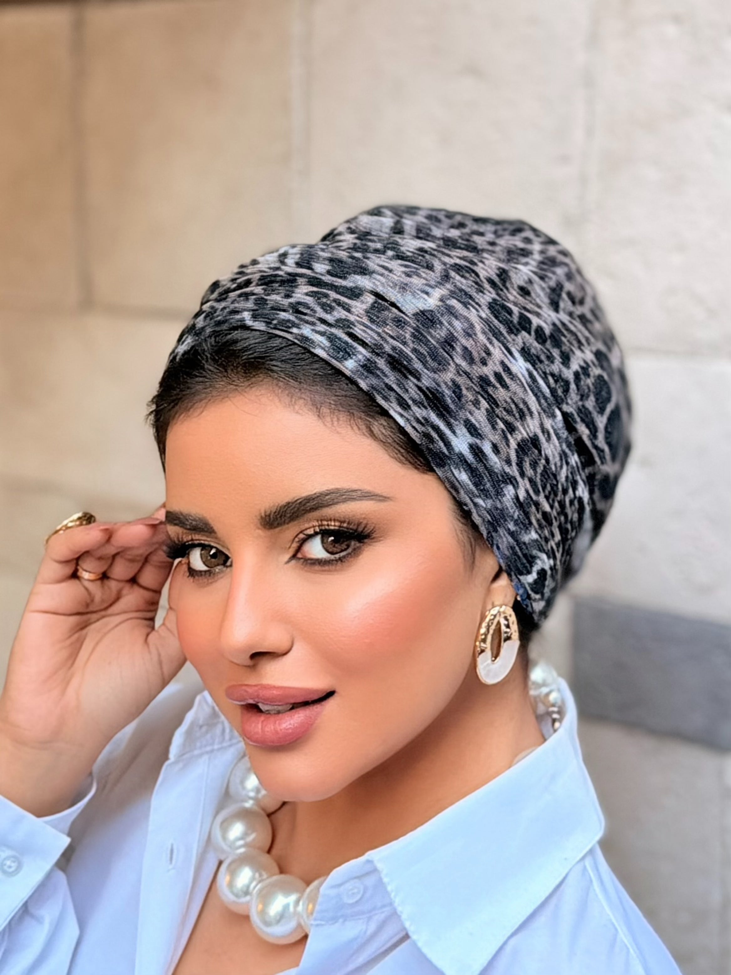 Double Layer Tal Turban — Grey Leopard