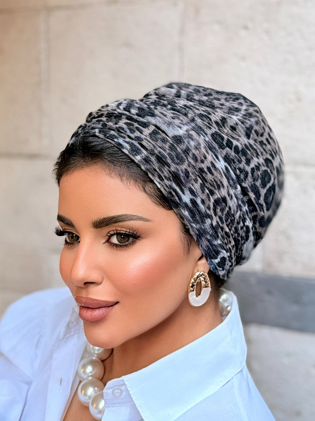 Double Layer Tal Turban — Grey Leopard