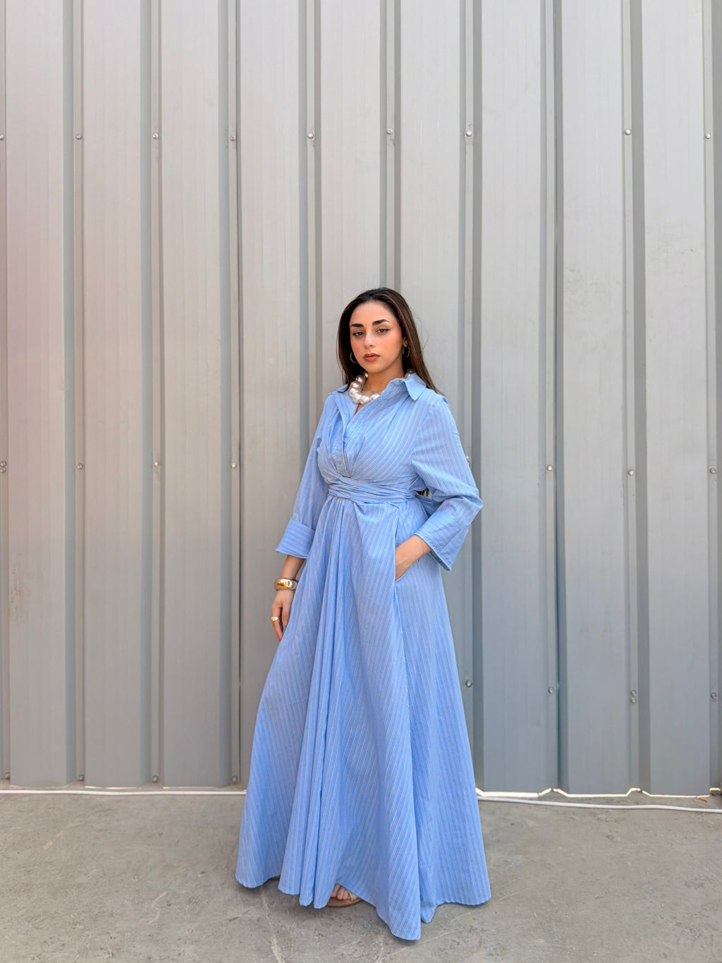 Striped Wrap-Waist Maxi Dress – Blue