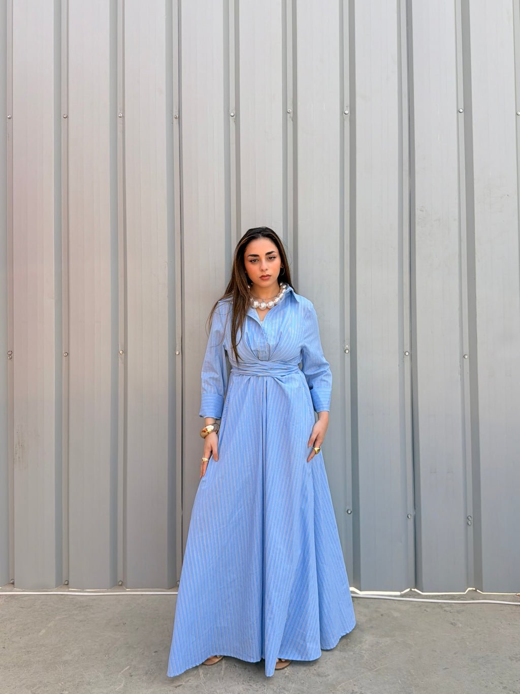 Striped Wrap-Waist Maxi Dress – Blue