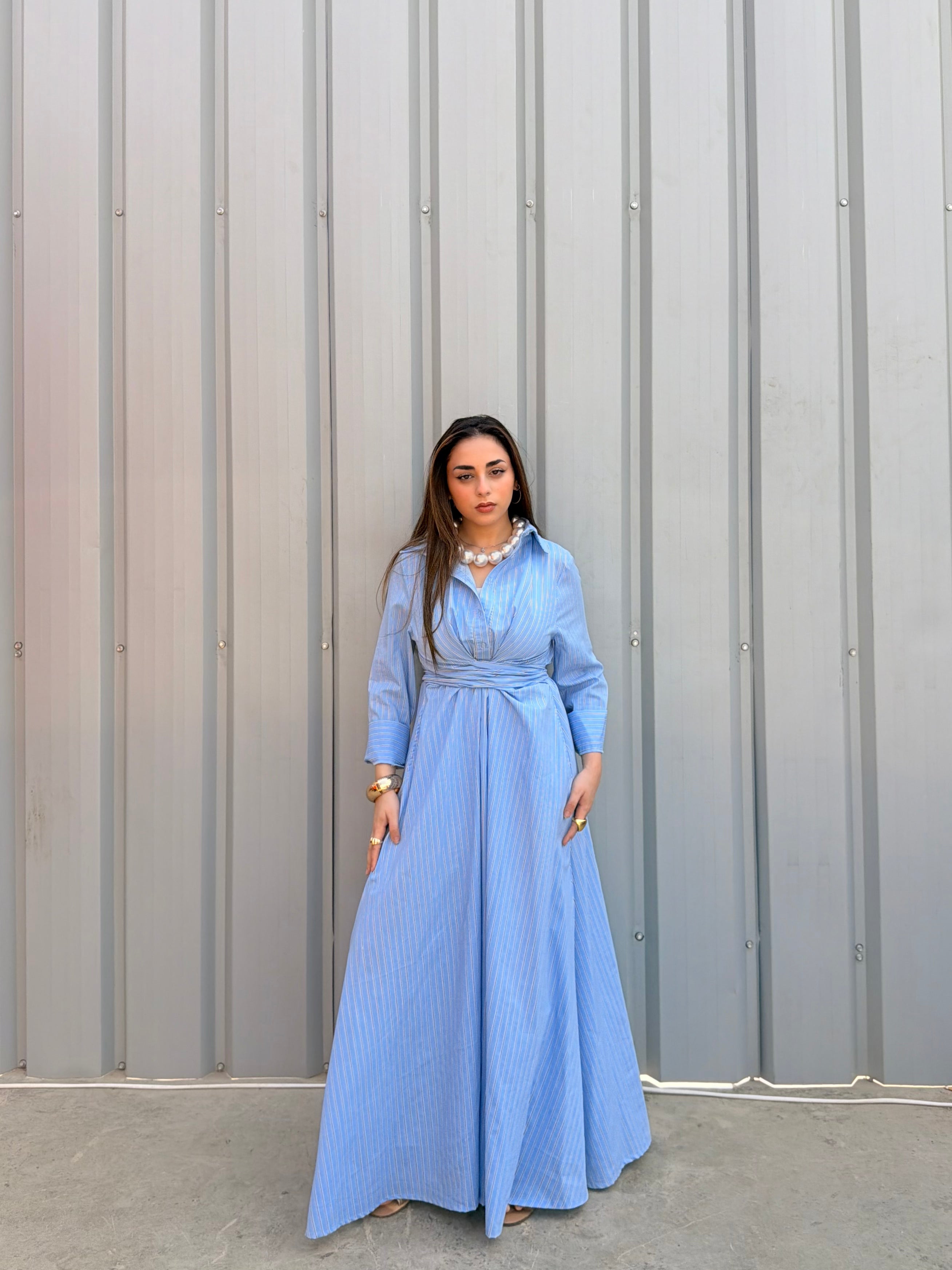 Striped Wrap-Waist Maxi Dress – Blue