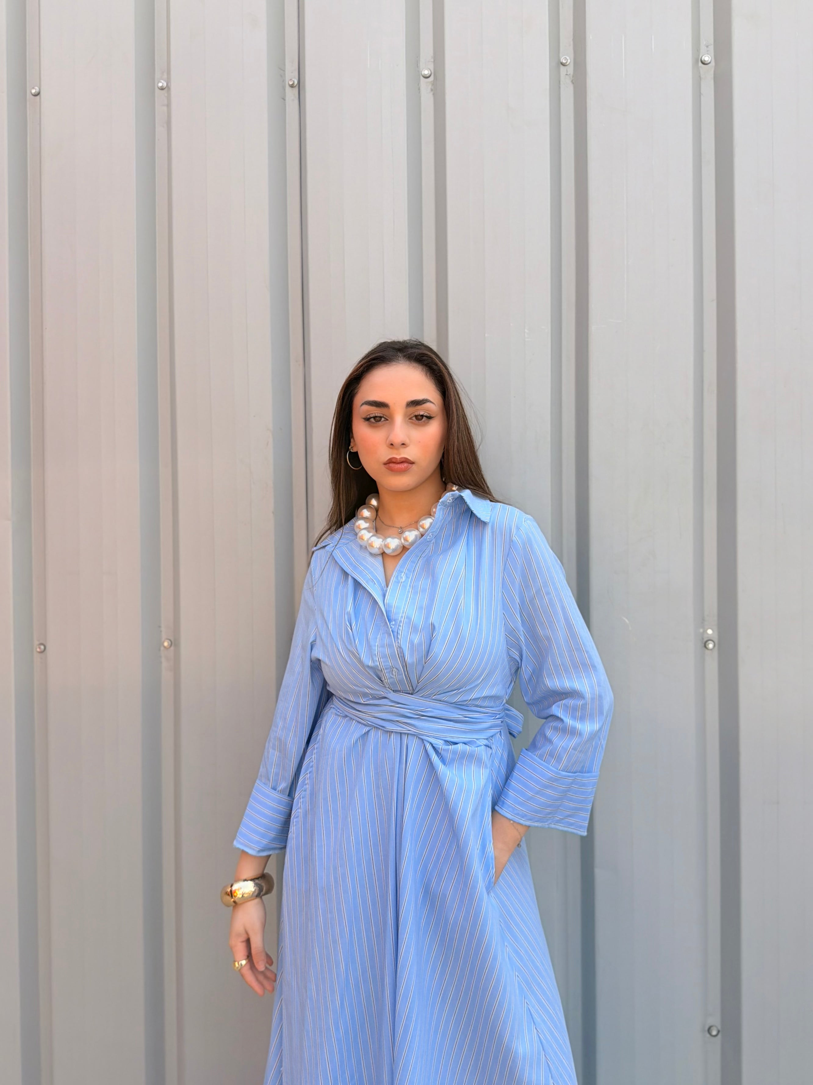 Striped Wrap-Waist Maxi Dress – Blue