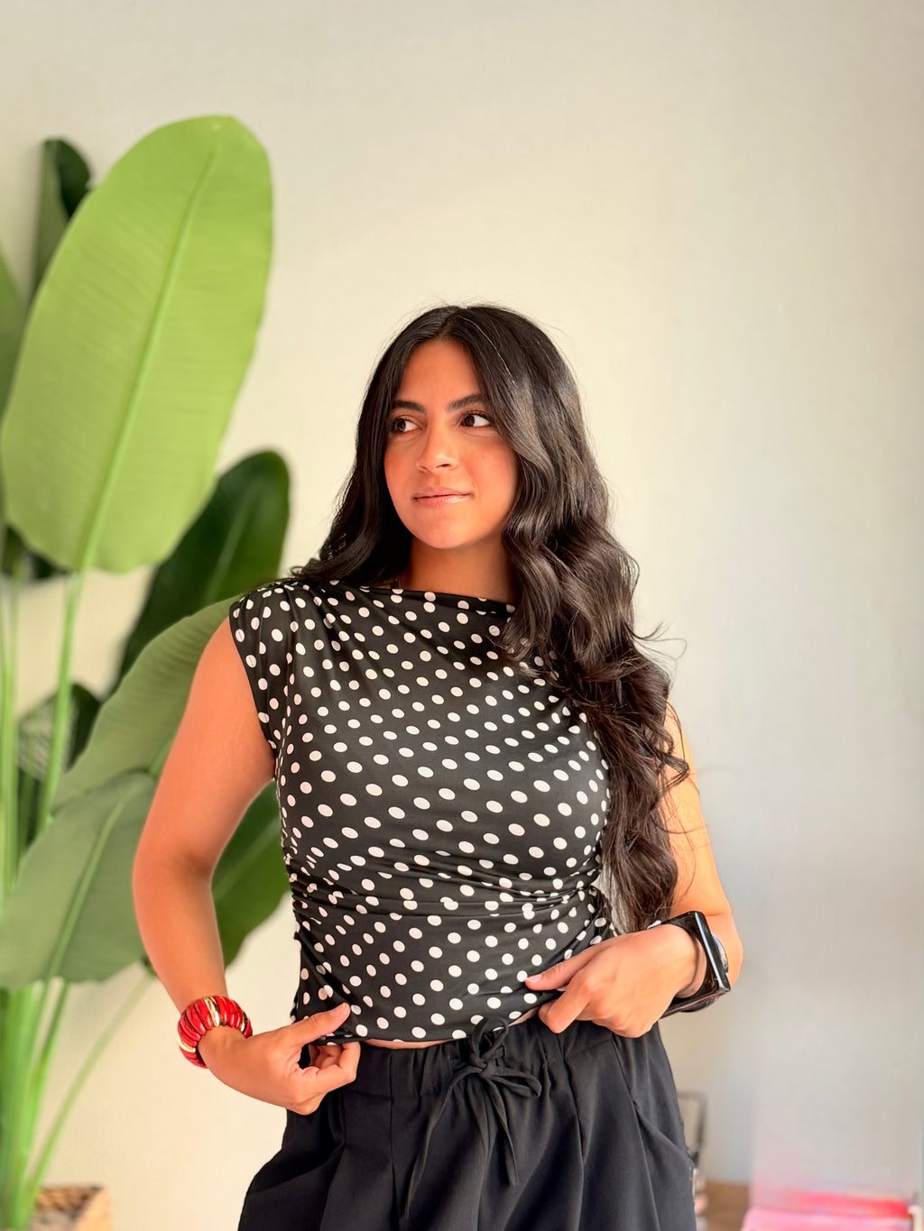 Polka Dot Ruched Top – Black & White
