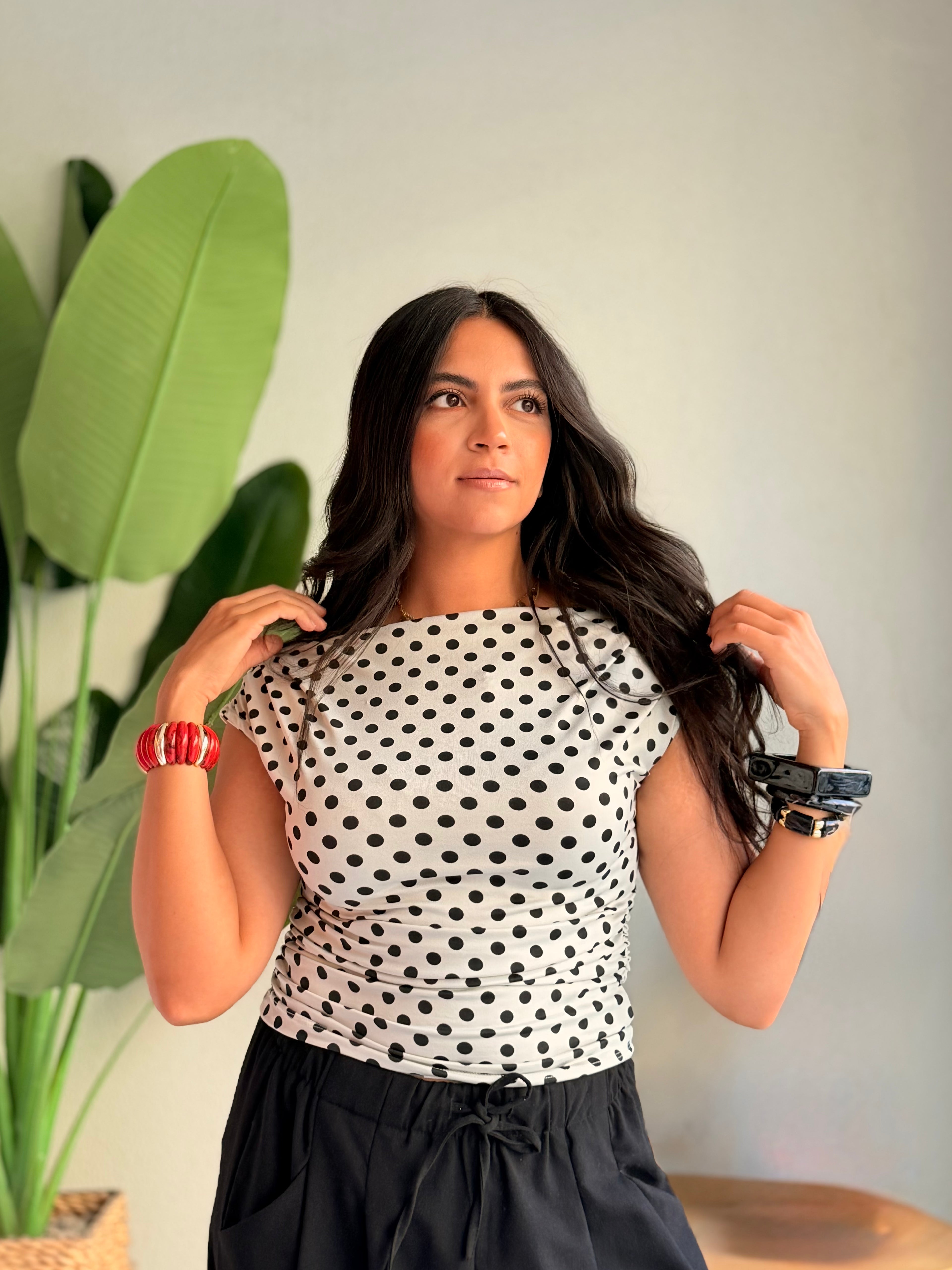 Polka Dot Ruched Top – White & Black