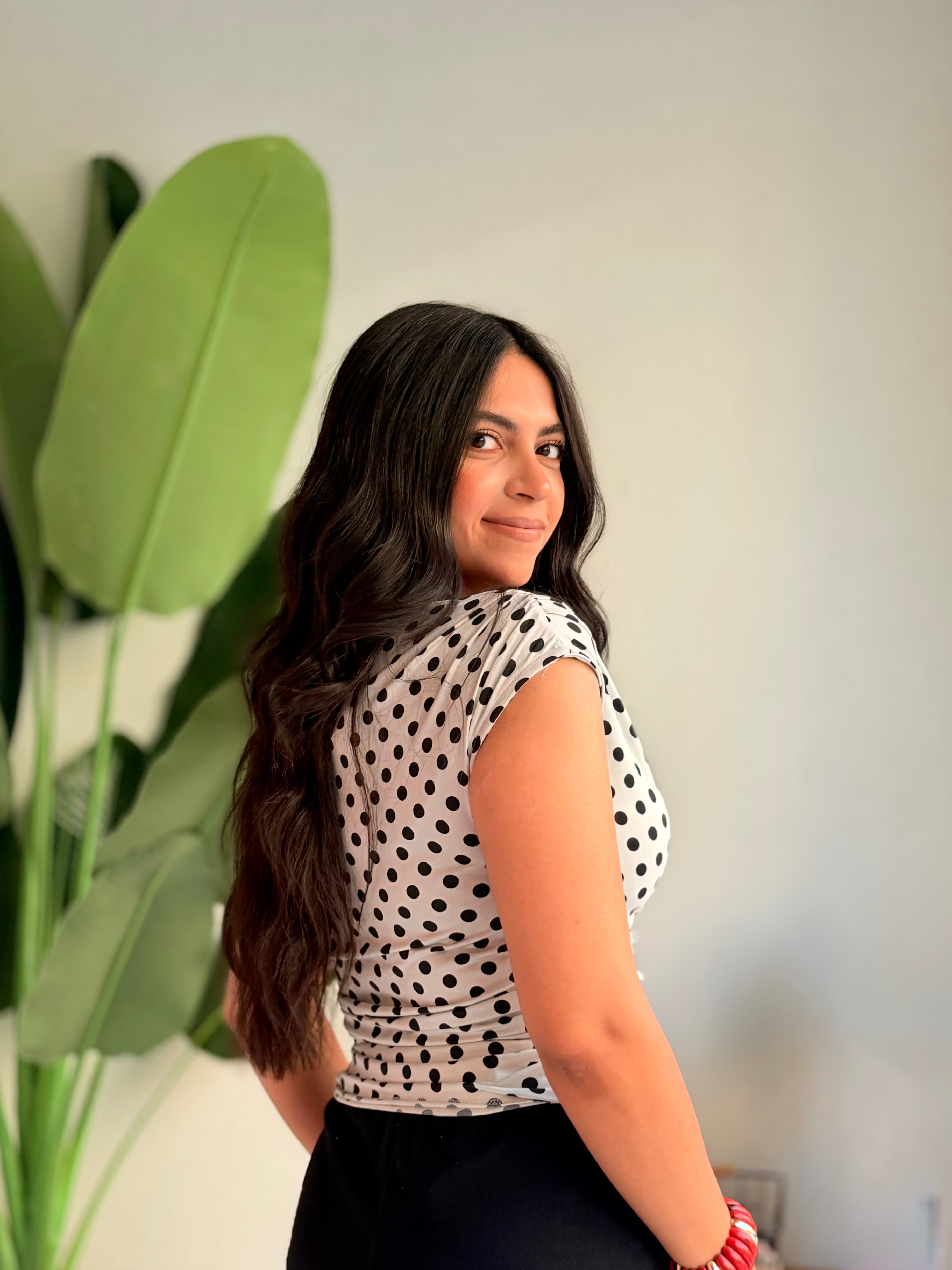 Polka Dot Ruched Top – White & Black
