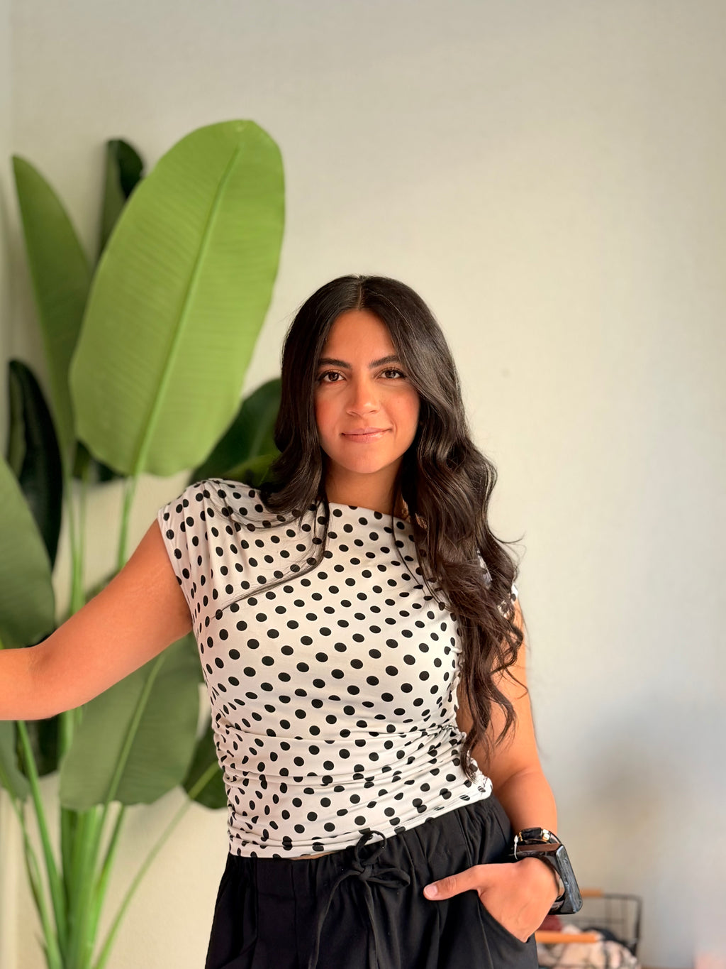 Polka Dot Ruched Top – White & Black