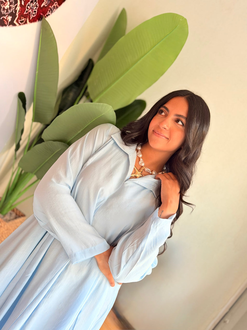 Flowy Collared Maxi Dress – Sky Blue