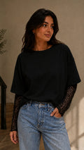 Lace Sleeve Oversized T-Shirt – Black